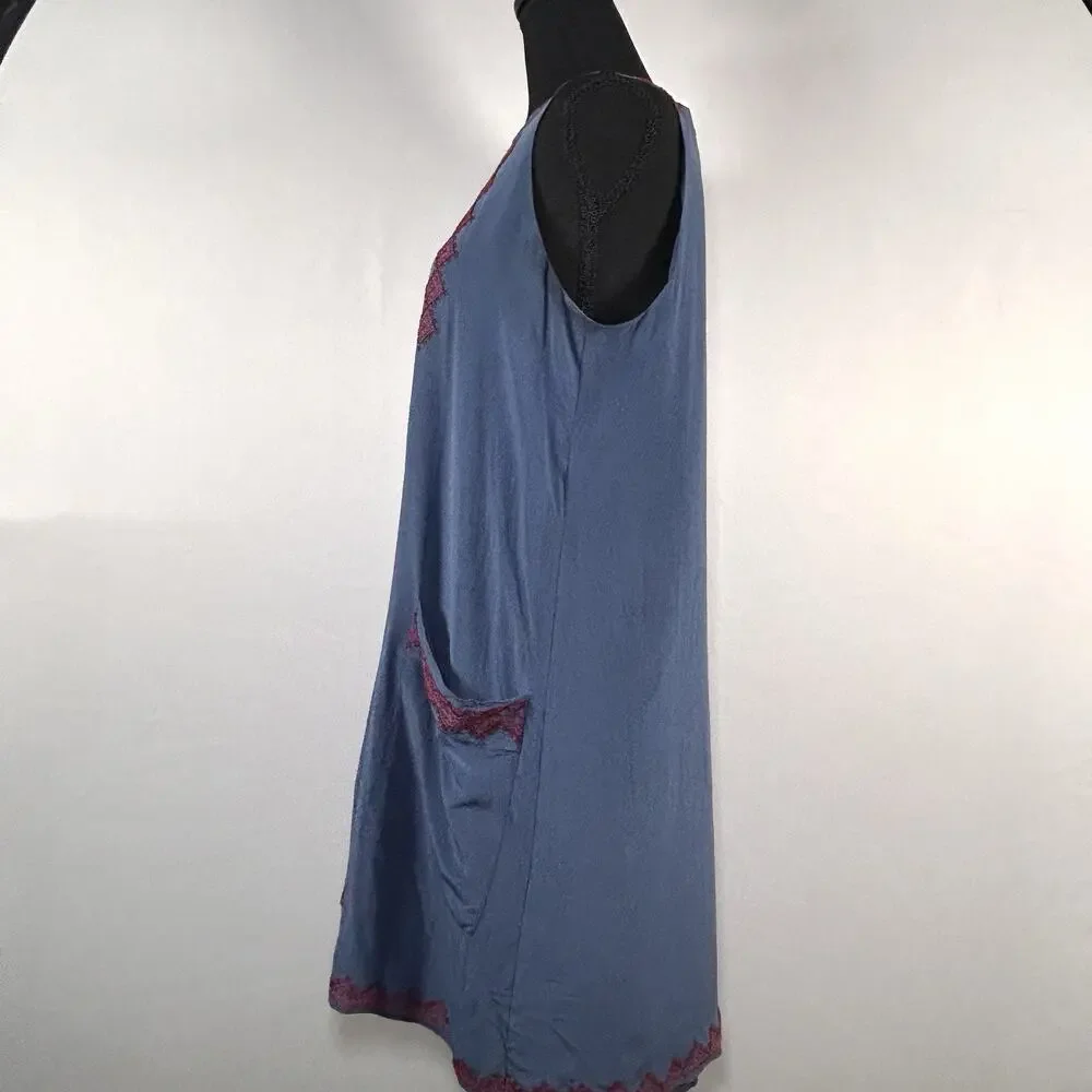 Madewell 100% Silk Boho Geometric Embroidered Shift Dress Blue Red Size L - Picture 8 of 10